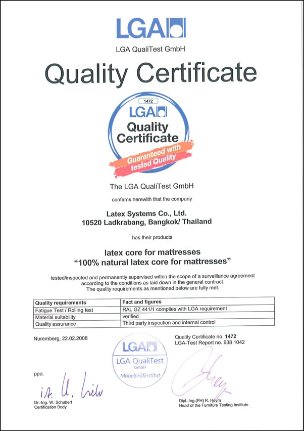 LGA(LGA QualiTest GmbH Quality Certificate) 1472 Latex Systems Co., Ltd.